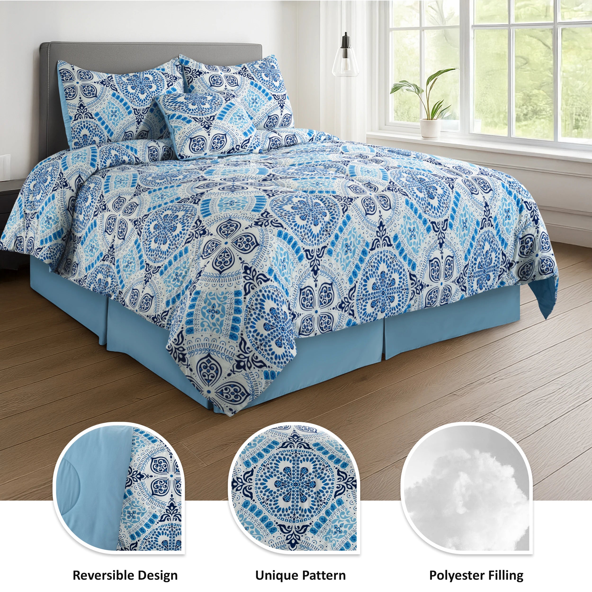 LUX Décor Reversible 5pc Comforter Set, Printed Bedding Set, Microfiber Bed in a Bag, Includes 1 Comforter, 2 Pillow Shams