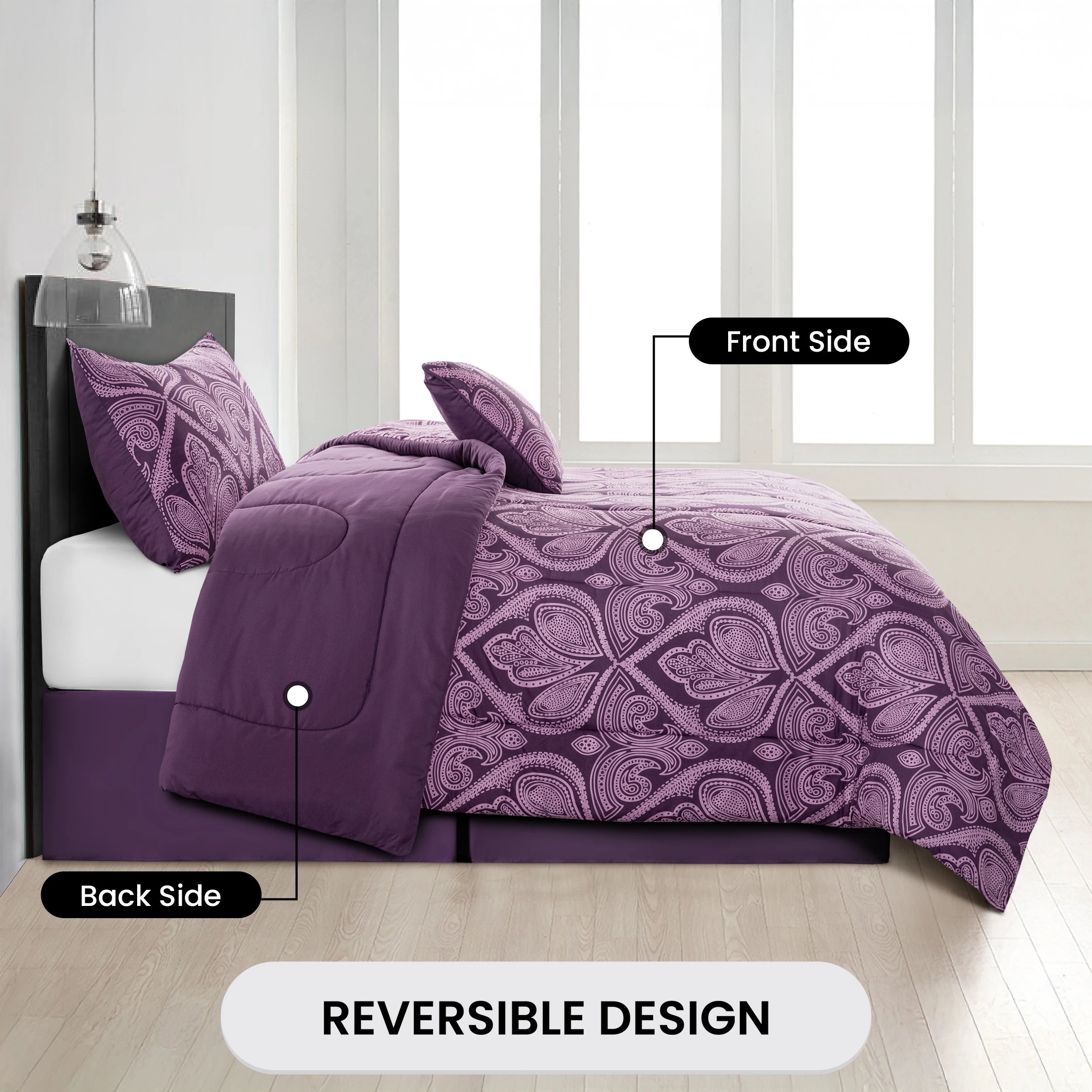 LUX Décor Reversible 5pc Comforter Set, Printed Bedding Set, Microfiber Bed in a Bag, Includes 1 Comforter, 2 Pillow Shams