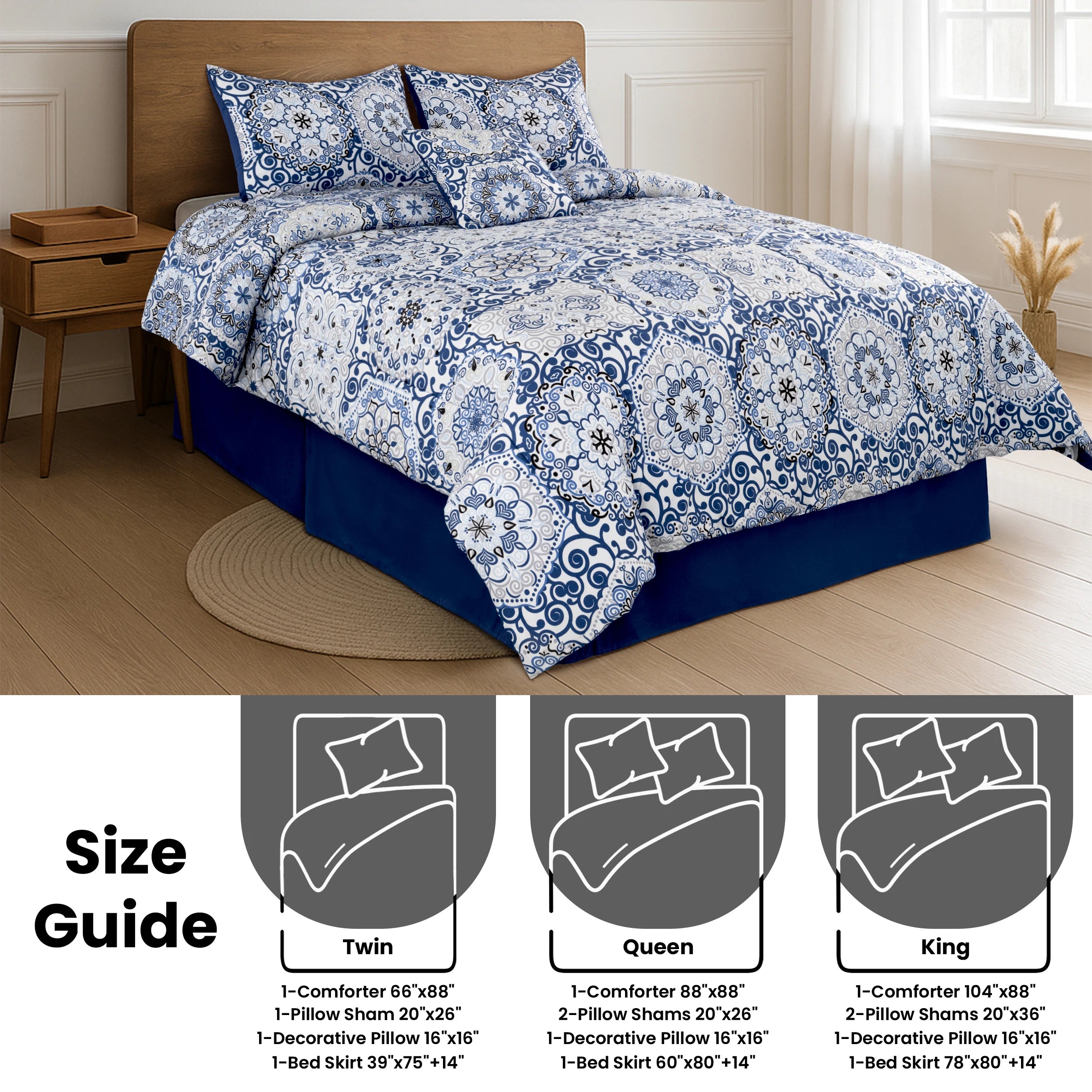 LUX Décor Reversible 5pc Comforter Set, Printed Bedding Set, Microfiber Bed in a Bag, Includes 1 Comforter, 2 Pillow Shams