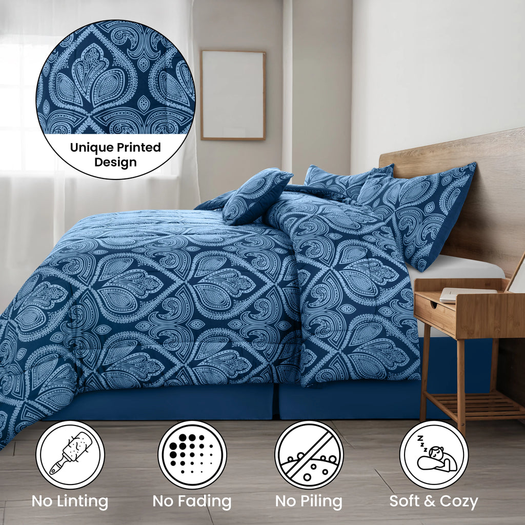 LUX Décor Reversible 5pc Comforter Set, Printed Bedding Set, Microfiber Bed in a Bag, Includes 1 Comforter, 2 Pillow Shams