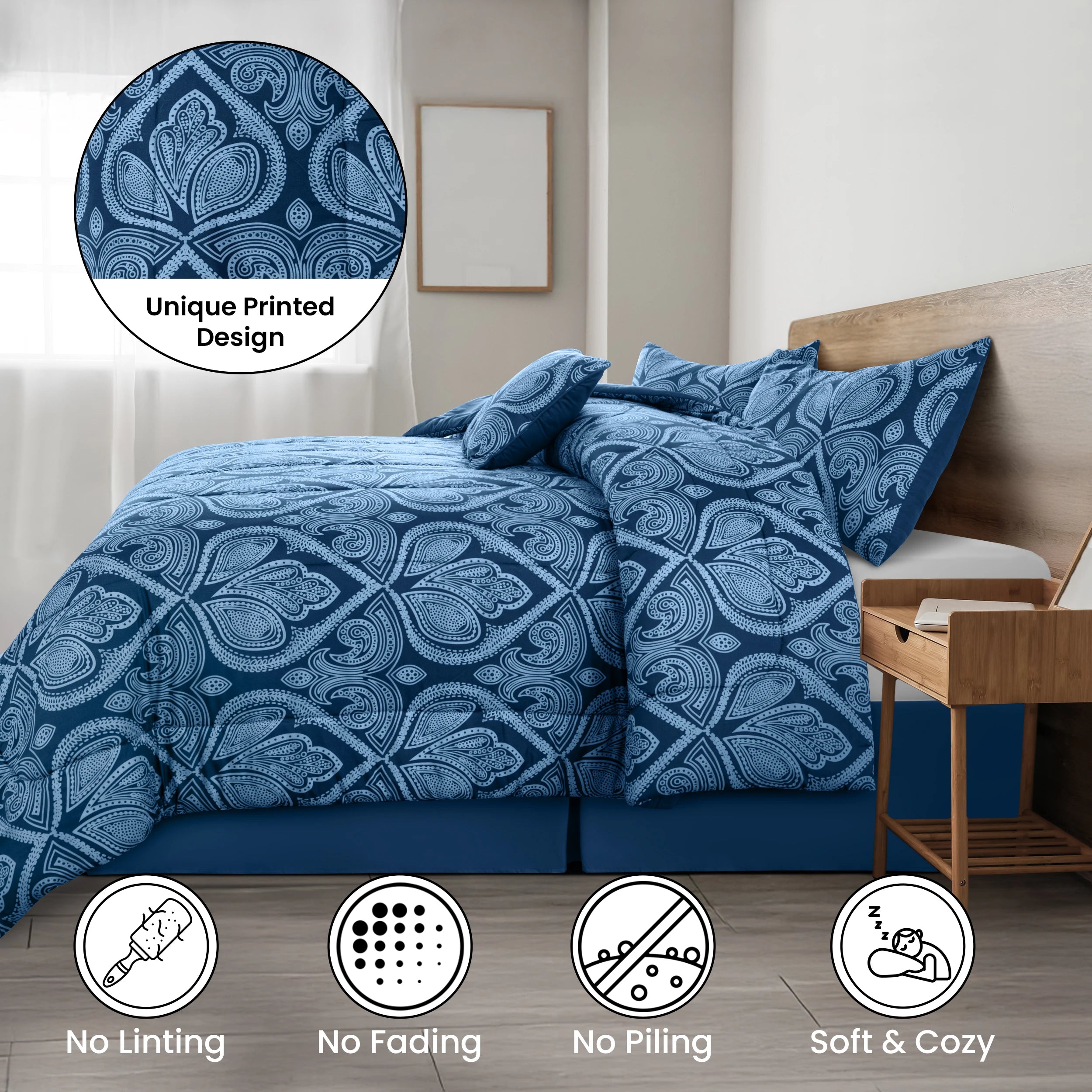 LUX Décor Reversible 5pc Comforter Set, Printed Bedding Set, Microfiber Bed in a Bag, Includes 1 Comforter, 2 Pillow Shams
