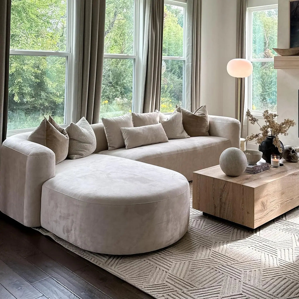 Luxury Modern Tight Curved Back Velvet Sofa, Minimalist Style Comfy Couch for Living Room Apartment, L-Shaped Sectional with