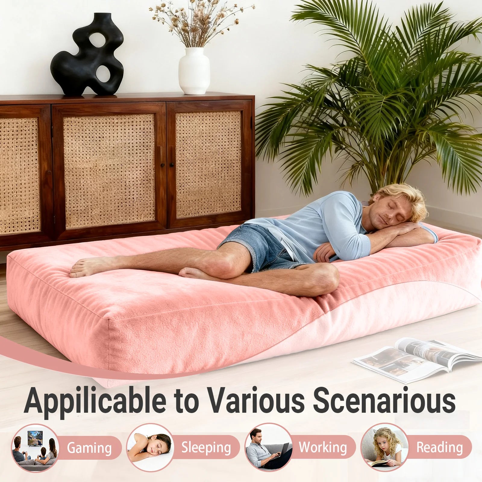 Adult-sized giant bean bag chair bed (pink), 2-in-1 large bean bag bed, convertible bean bag chair