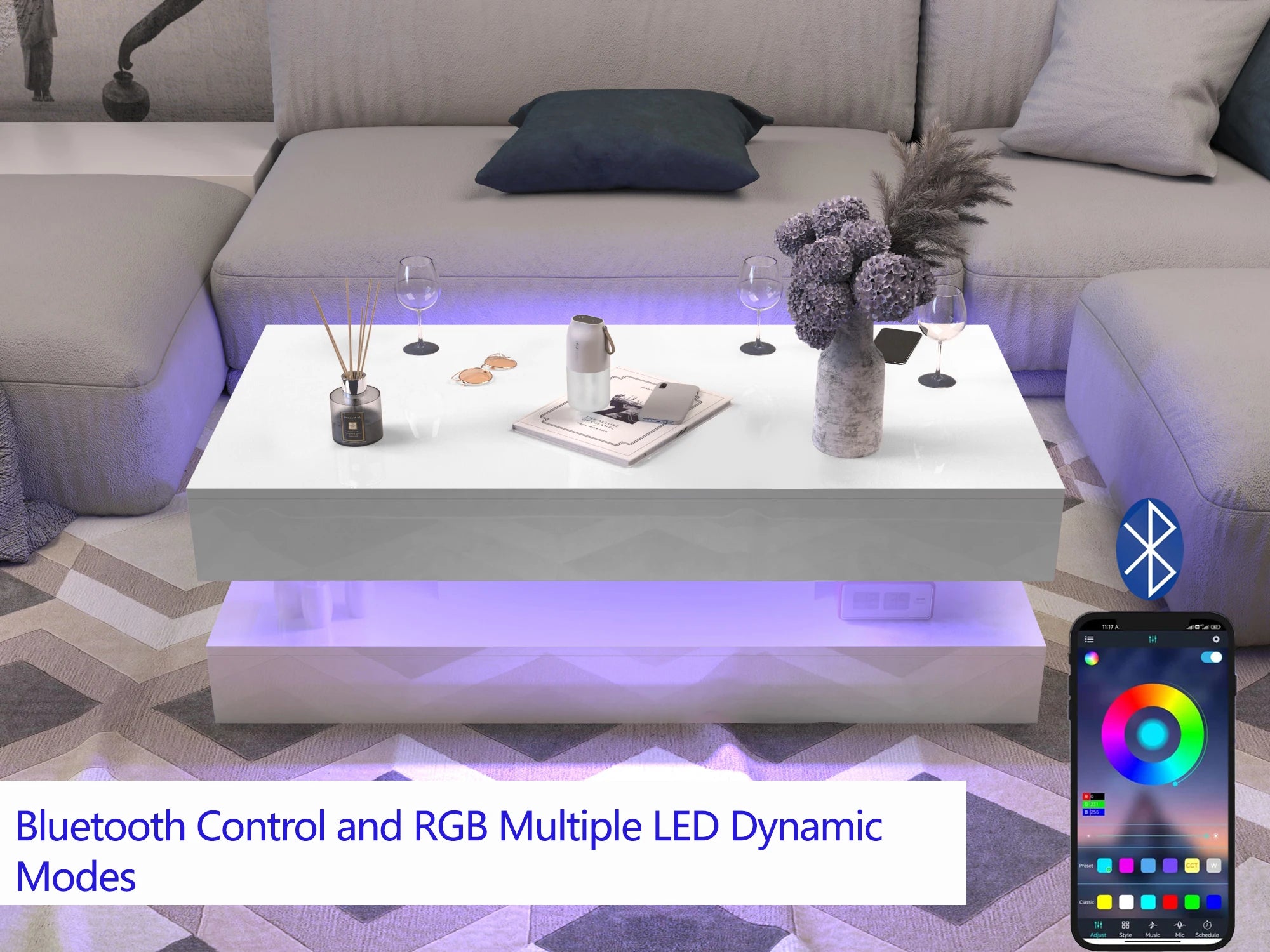 47.3IN High Glossy LED Coffee Table,Modern Center Table with 2 Storage Drawers for Living Room