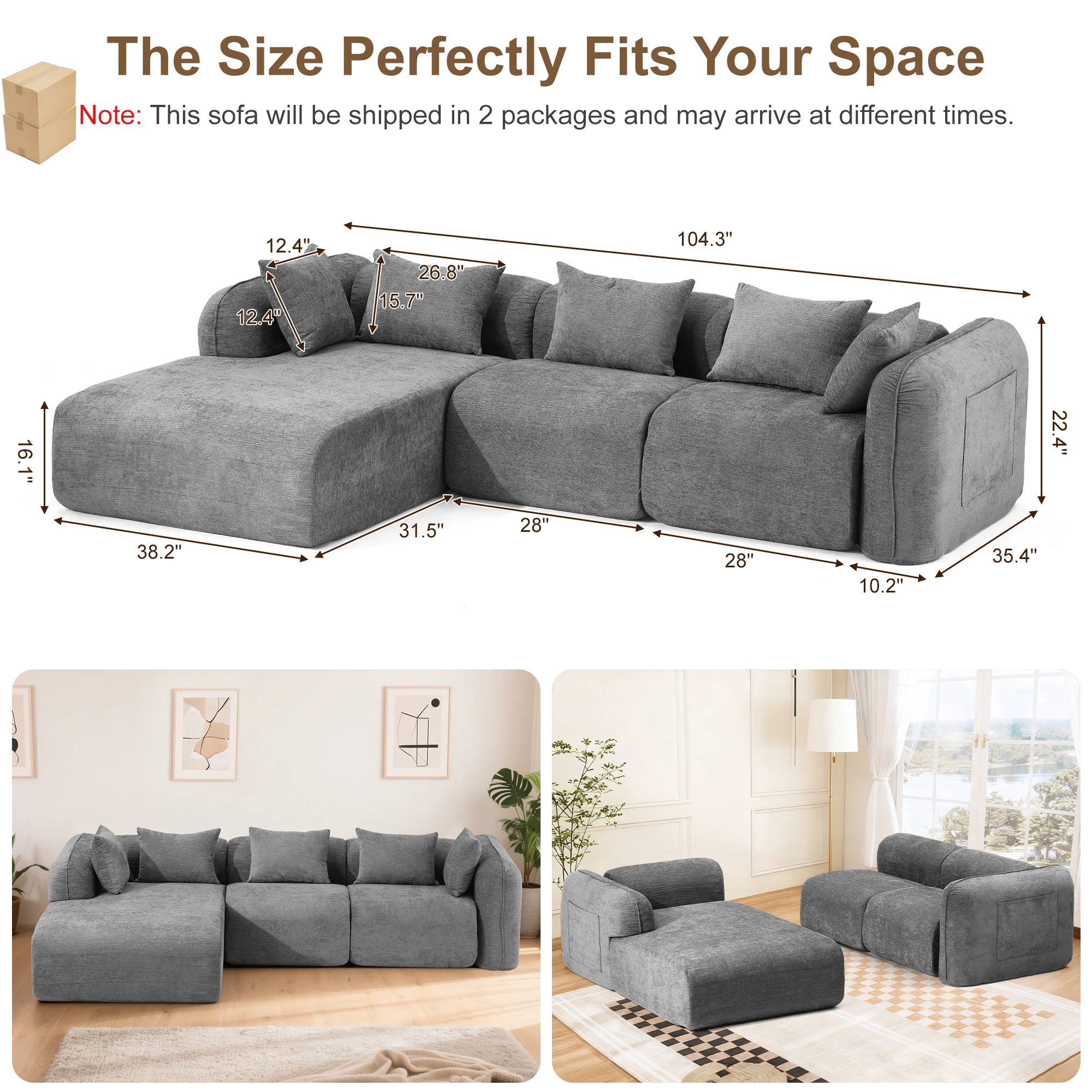 Redlife Sherpa Modular Cloud Sofa | Beige Fluffy Sherpa Deep Seat No-Assembly Sectional Couch for Small Living Room