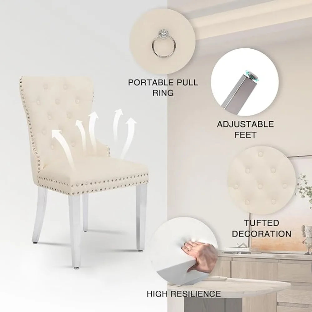 Velvet Dining Chairs Set of 4, Tufted Upholstered Dining Room Chair with Pull Ring and Stainless Steel Legs, Customized