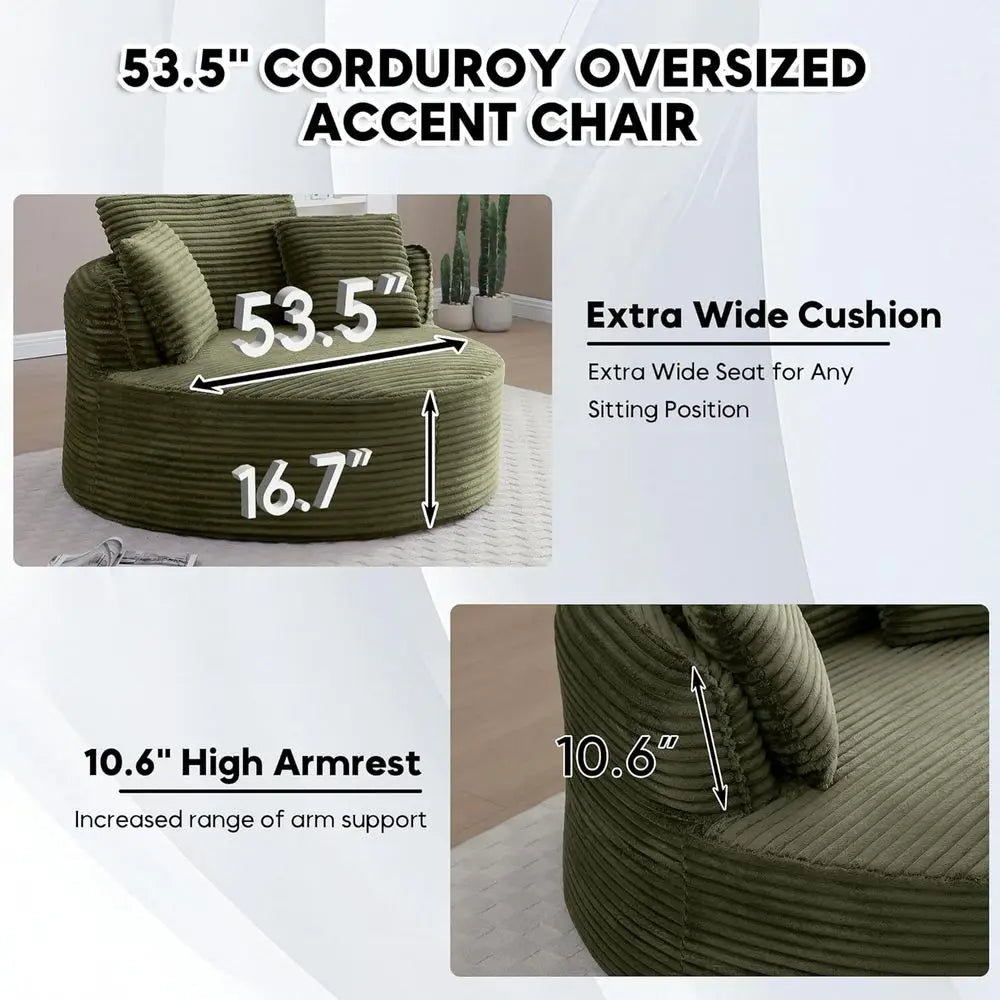 Large Round Corduroy Chaise Lounge Chair, 53.5 Deep Seat Sofa for Indoor Living & Bedroom, Green