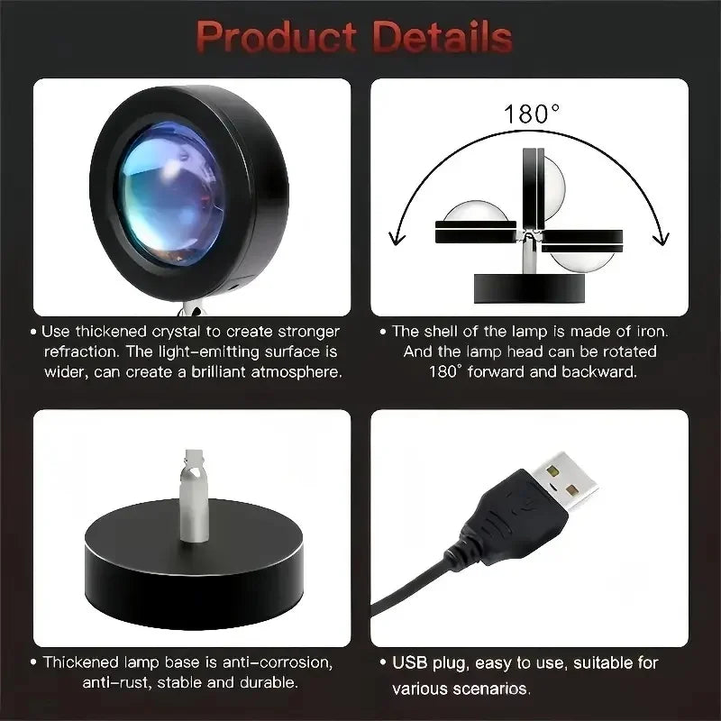 USB Sunset Projection Light - Rainbow Wall and Ceiling Light, featuring a 180° rotating Art Deco design, metal finish, and adjus
