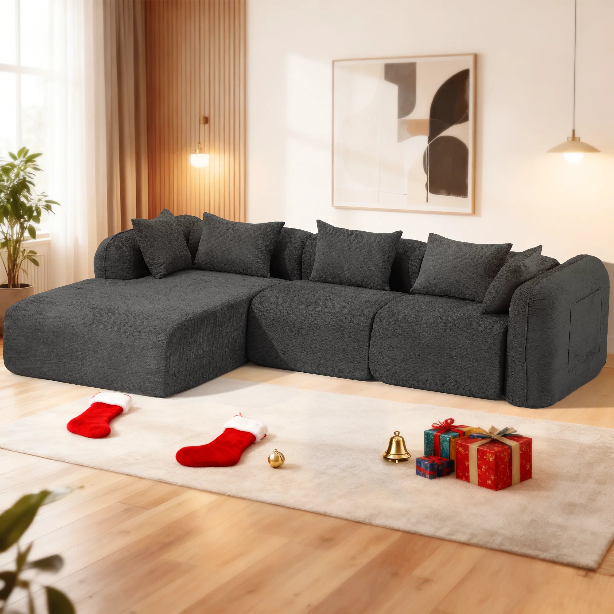 Redlife Sherpa Modular Cloud Sofa | Beige Fluffy Sherpa Deep Seat No-Assembly Sectional Couch for Small Living Room