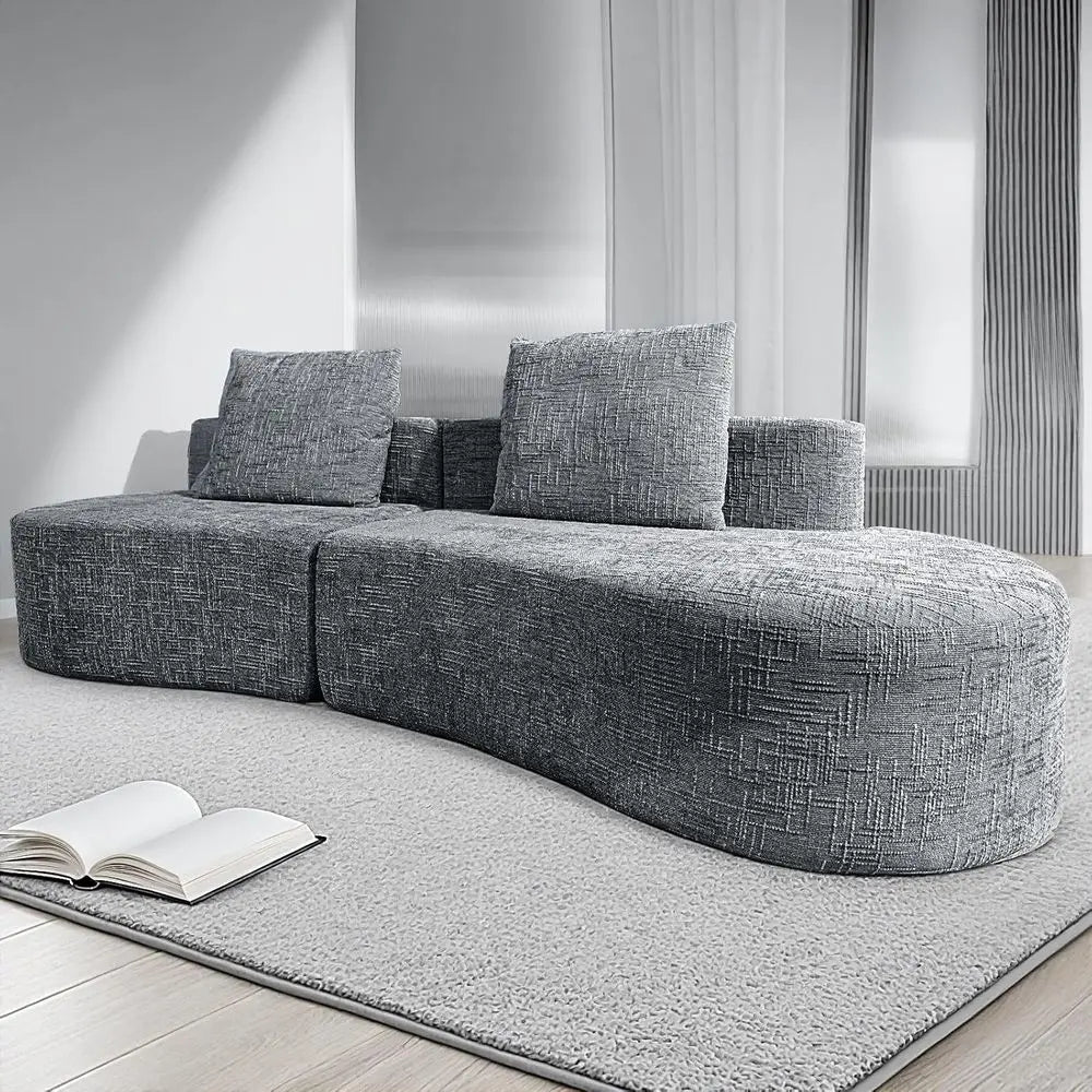98 Curved Grey Couch with Halo Moon Pattern, Sofa Bed with 2 Pillows & 4 Seating Options for Living Rooms and Offices, Ready to