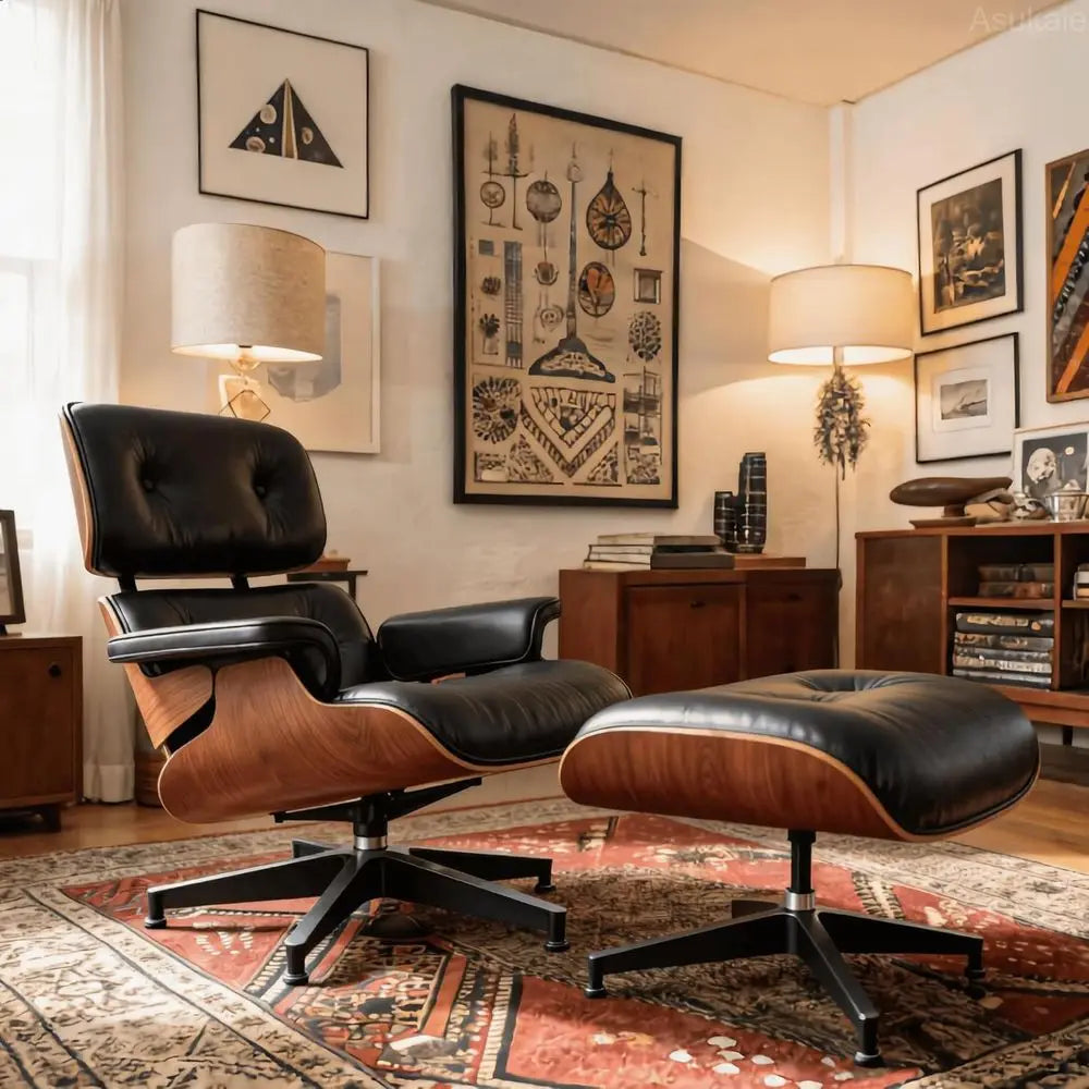 Elegant Black Leather Century Chaise with Ottoman, Accent Chair, Ergonomic Design, Sturdy Walnut Base for Living Room Lounge Off
