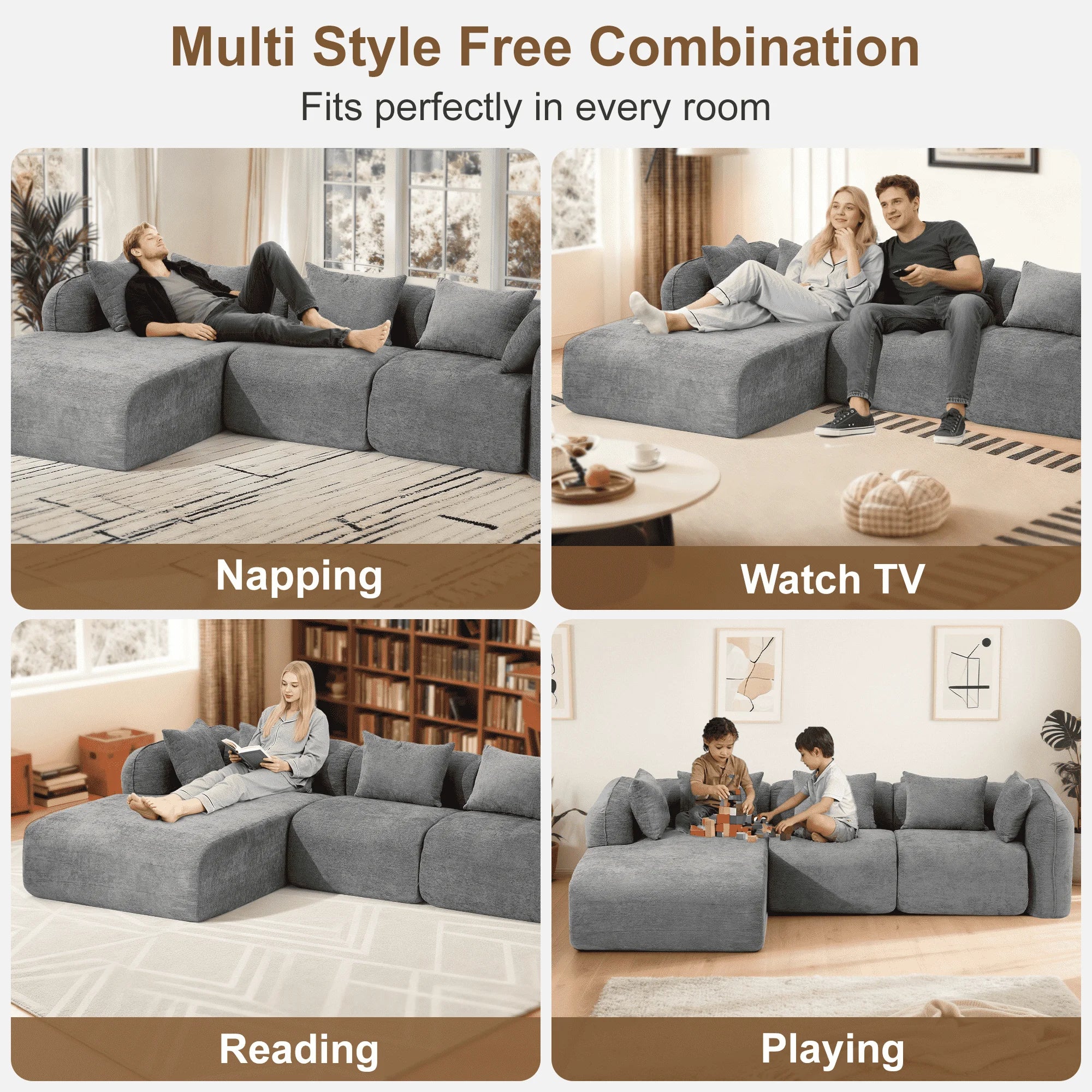 Redlife Sherpa Modular Cloud Sofa | Beige Fluffy Sherpa Deep Seat No-Assembly Sectional Couch for Small Living Room