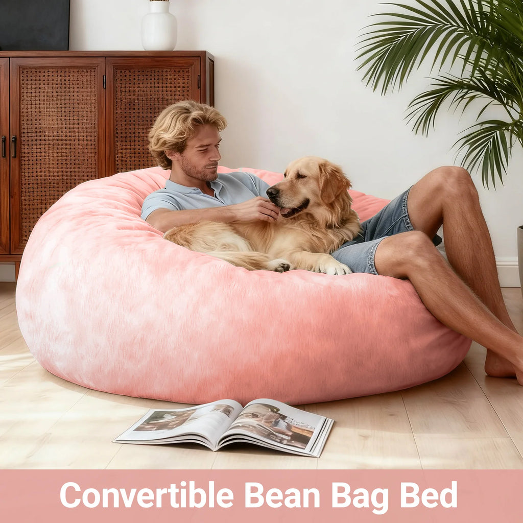 Adult-sized giant bean bag chair bed (pink), 2-in-1 large bean bag bed, convertible bean bag chair