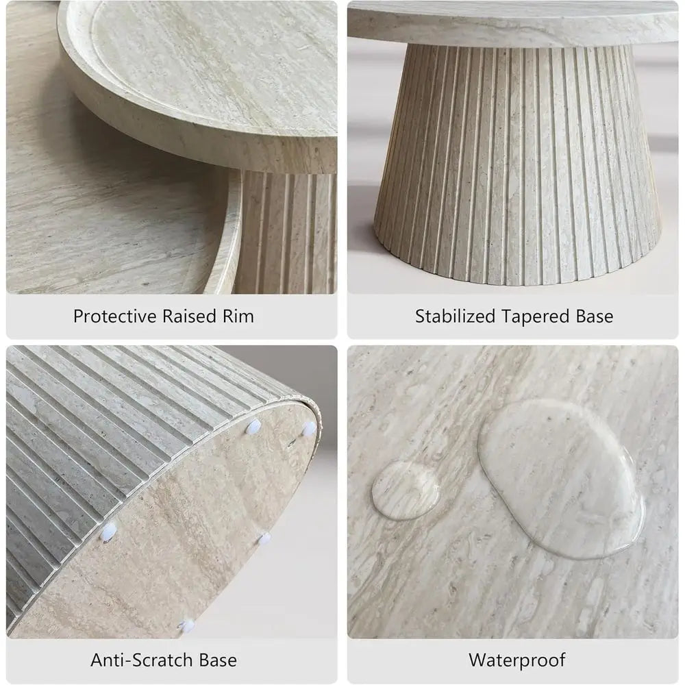 2-Piece Coffee Table Set with Marble Veneer, Round Travertine Tables for Living Room and Office