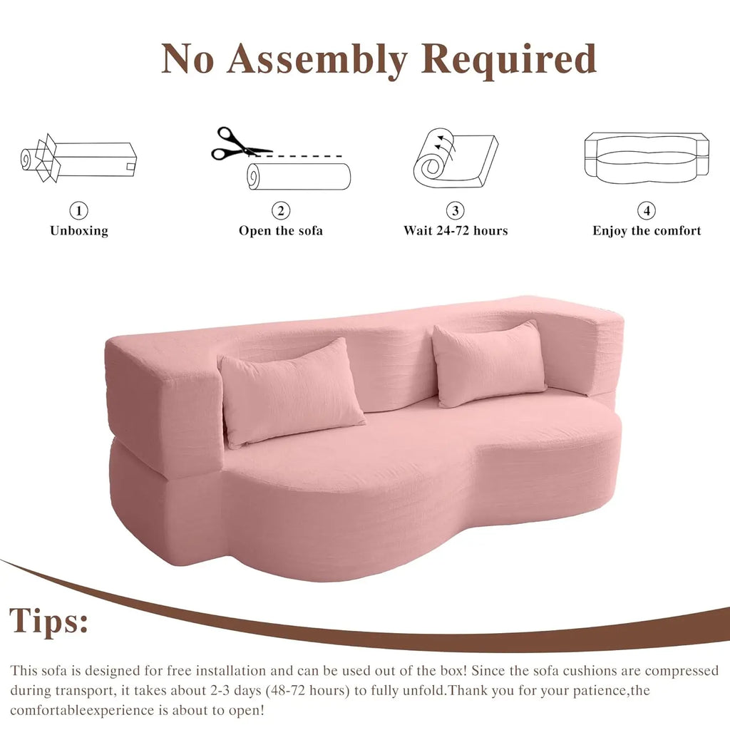 Queen Convertible Sofa Bed 2-in-1 Teddy Fabric Folding Floor Couch Mattress Living Room Guest Room No Assembly Pink, Customized