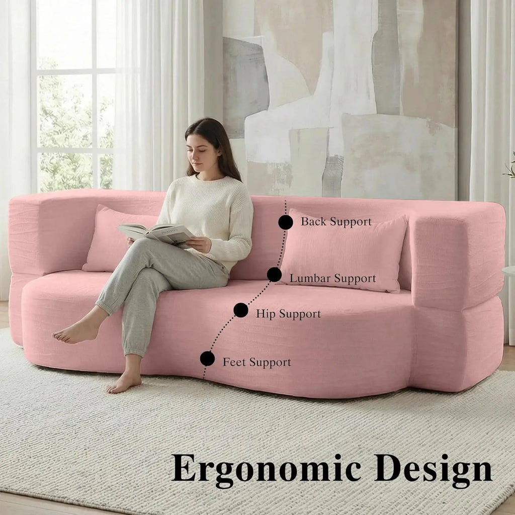 Queen Convertible Sofa Bed 2-in-1 Teddy Fabric Folding Floor Couch Mattress Living Room Guest Room No Assembly Pink, Customized