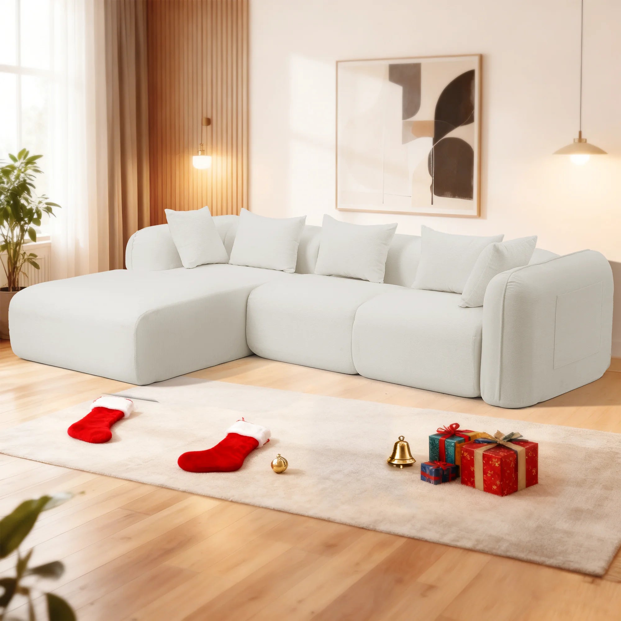 Redlife Sherpa Modular Cloud Sofa | Beige Fluffy Sherpa Deep Seat No-Assembly Sectional Couch for Small Living Room