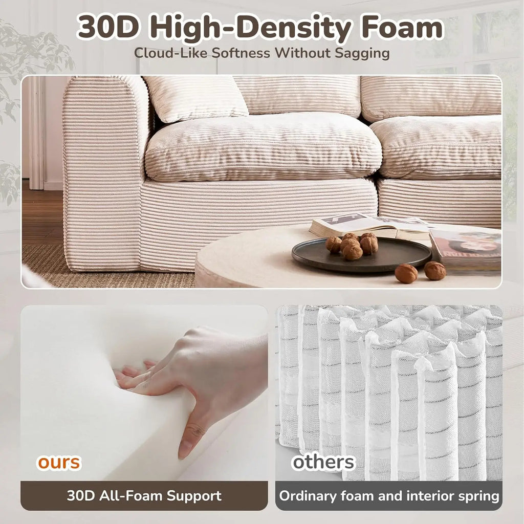 108" Boneless Cloud Sectional Couch for Small Living Room – L-Shape Modular Sofa with Ottoman, Deep Seat, Corduroy,, Customized
