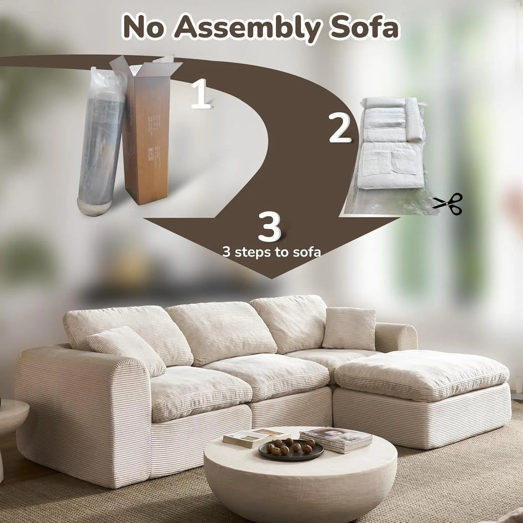 108" Boneless Cloud Sectional Couch for Small Living Room – L-Shape Modular Sofa with Ottoman, Deep Seat, Corduroy,, Customized