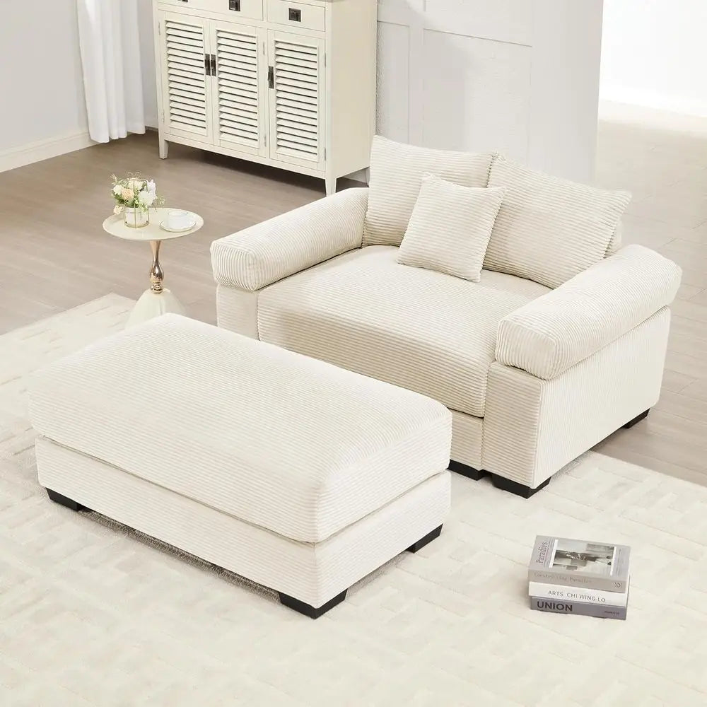 Large Plush Corduroy Accent Chair with Ottoman, Cloud-Soft Single Sofa, and Comfortable Indoor Chaise Lounge Chairs