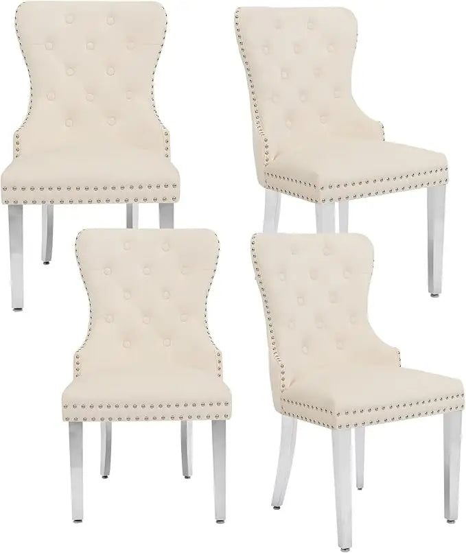 Velvet Dining Chairs Set of 4, Tufted Upholstered Dining Room Chair with Pull Ring and Stainless Steel Legs, Customized