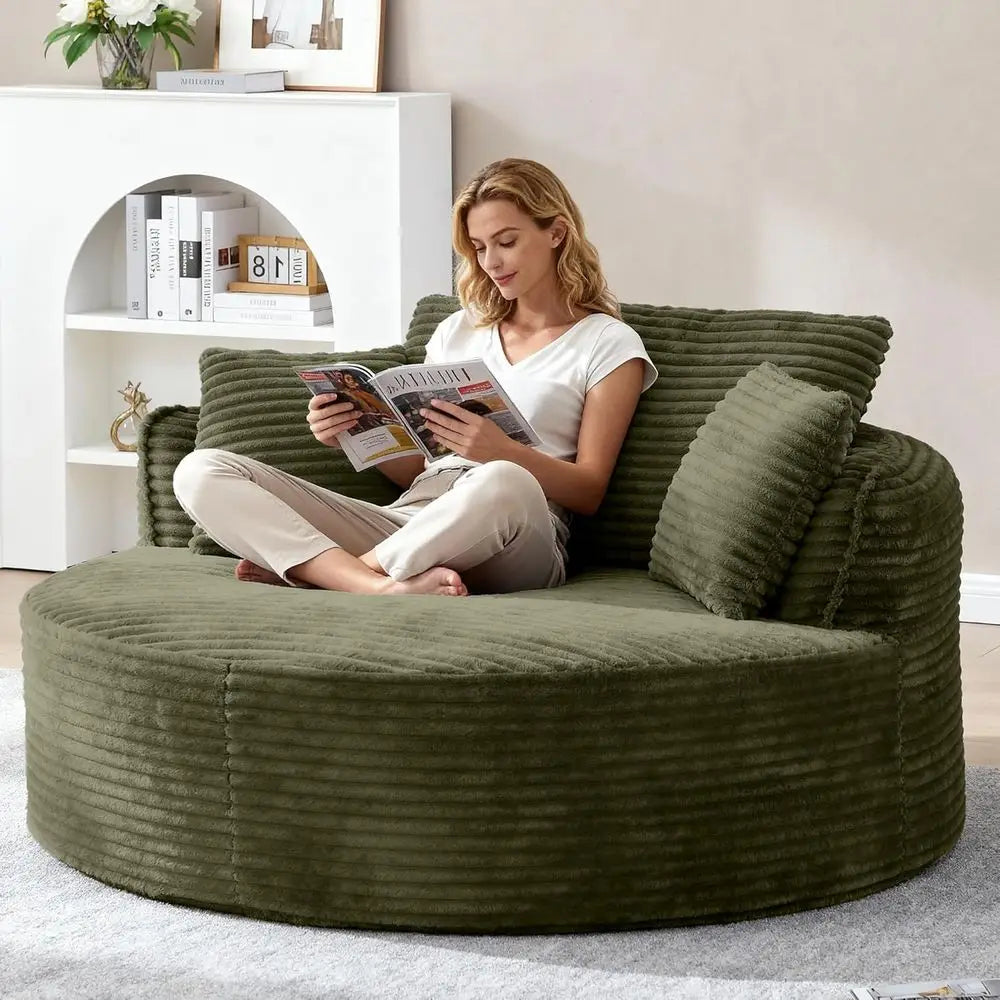 Large Round Corduroy Chaise Lounge Chair, 53.5 Deep Seat Sofa for Indoor Living & Bedroom, Green