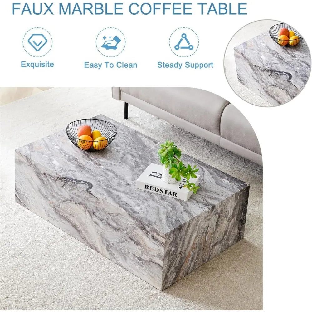 Modern Grey Faux Marble Living Room Coffee Table with Wooden Highlights