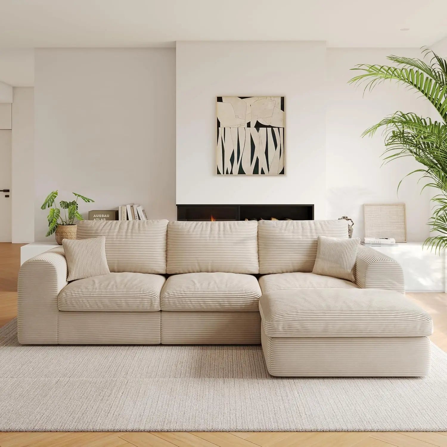 108" Boneless Cloud Sectional Couch for Small Living Room – L-Shape Modular Sofa with Ottoman, Deep Seat, Corduroy,, Customized