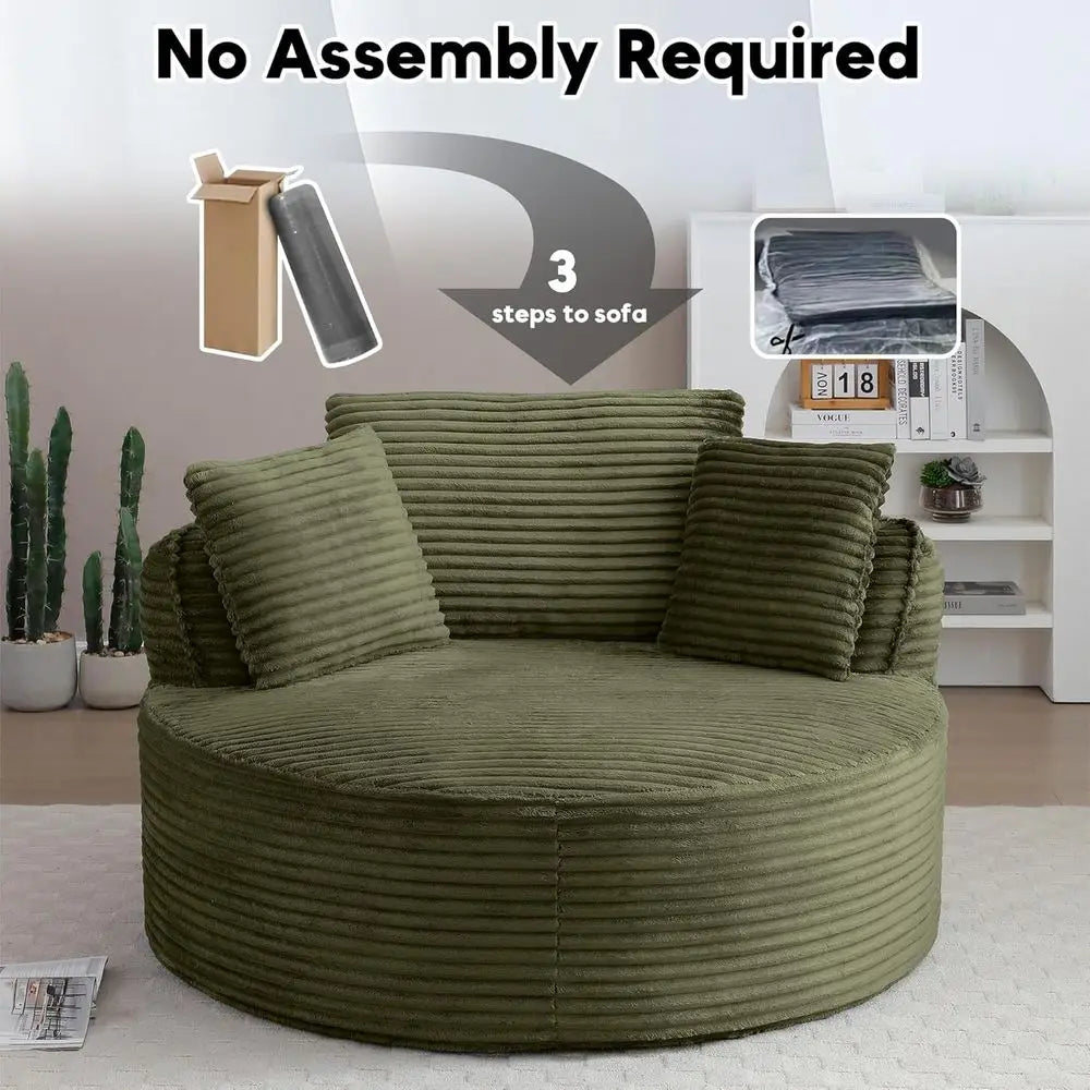 Large Round Corduroy Chaise Lounge Chair, 53.5 Deep Seat Sofa for Indoor Living & Bedroom, Green