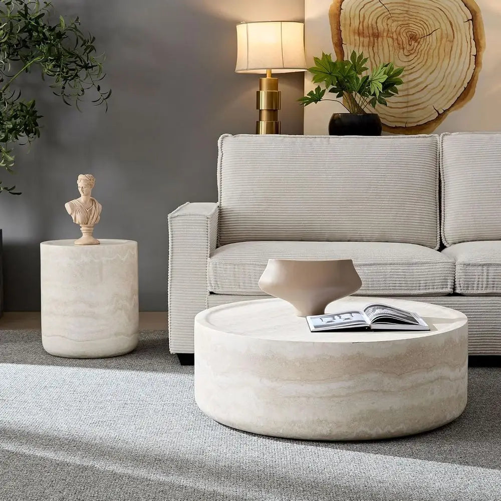 Round Living Room Marble Coffee Table with Travertine Inlay, No Assembly Required