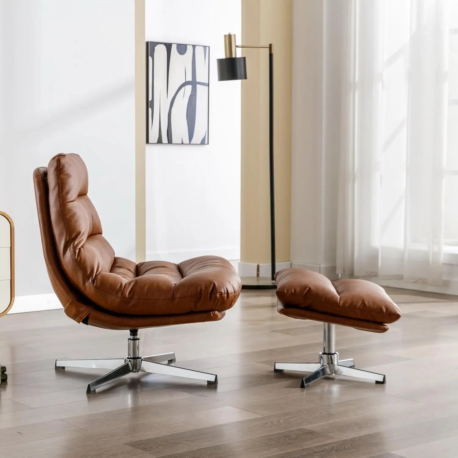 Swivel Accent Chair with Ottoman, Mid Century Modern Faux Leather Lounge Chair with footrest, Comfy Oversized, Customized
