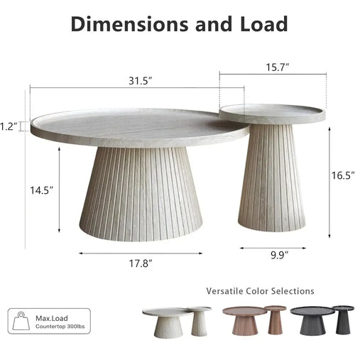 2-Piece Coffee Table Set with Marble Veneer, Round Travertine Tables for Living Room and Office