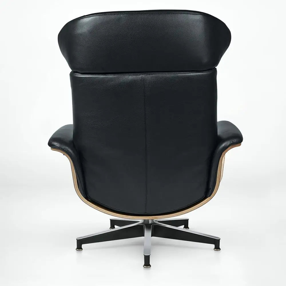 Modern Reclining Swivel Lounge Chair Walnut Black Genuine leather Ottoman include