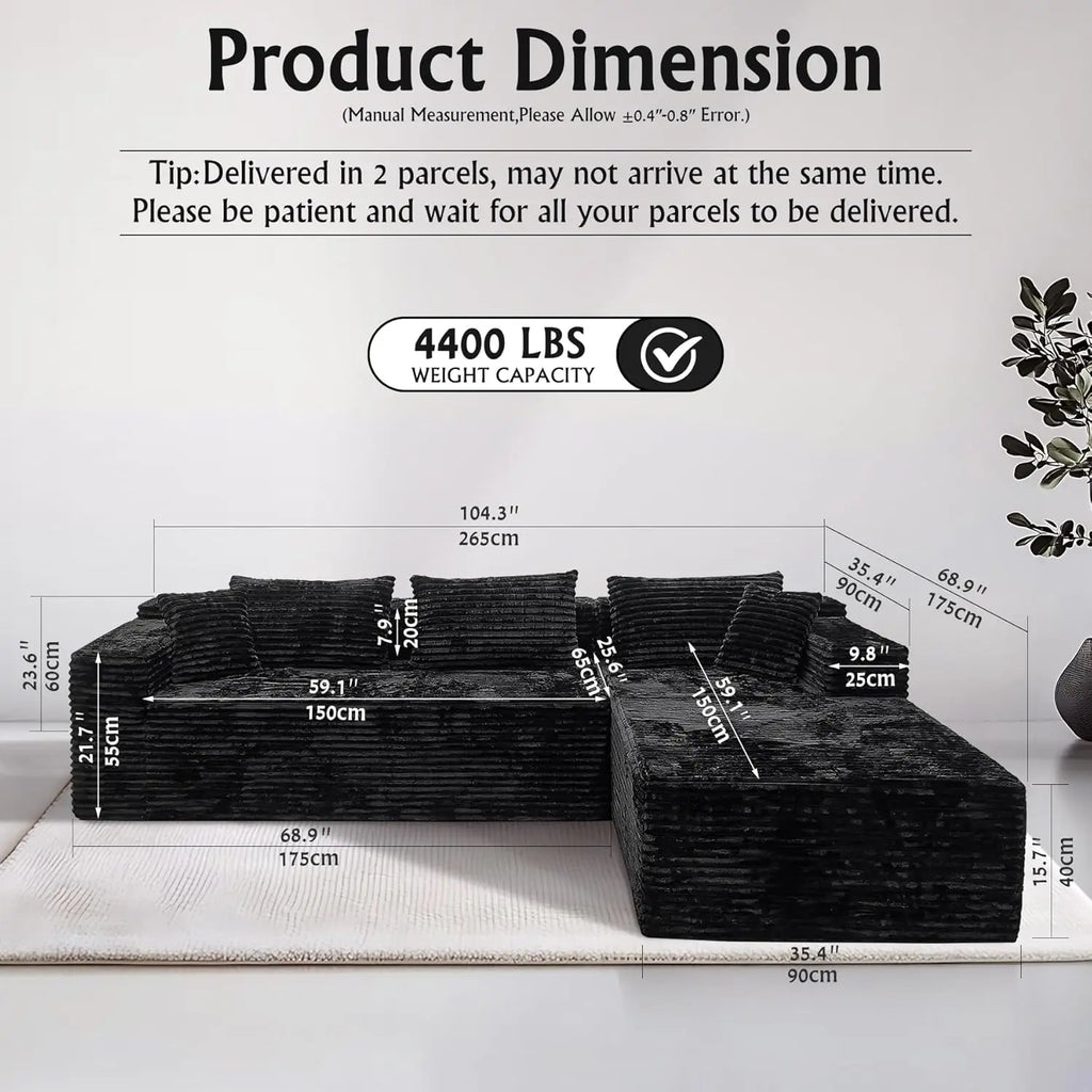 Black sectional couches for Living Room Corduroy Couch，104" Cloud Sectional Couch with L-Shape Chaise， Modern, Customized