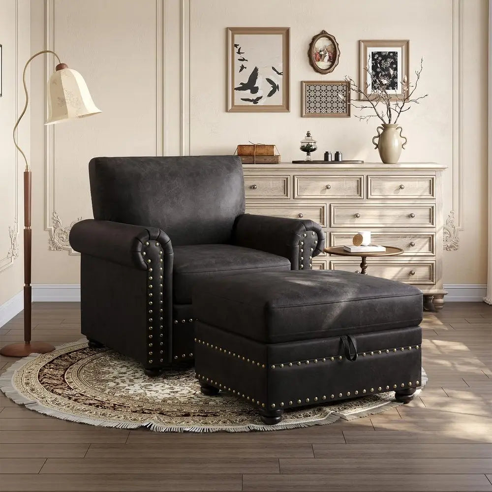 Black Grain Leather, Mid Century Chaise Lounge Chair and Ottoman, Leather Accent Chair, Modern Reading Chair, Classic Design, H