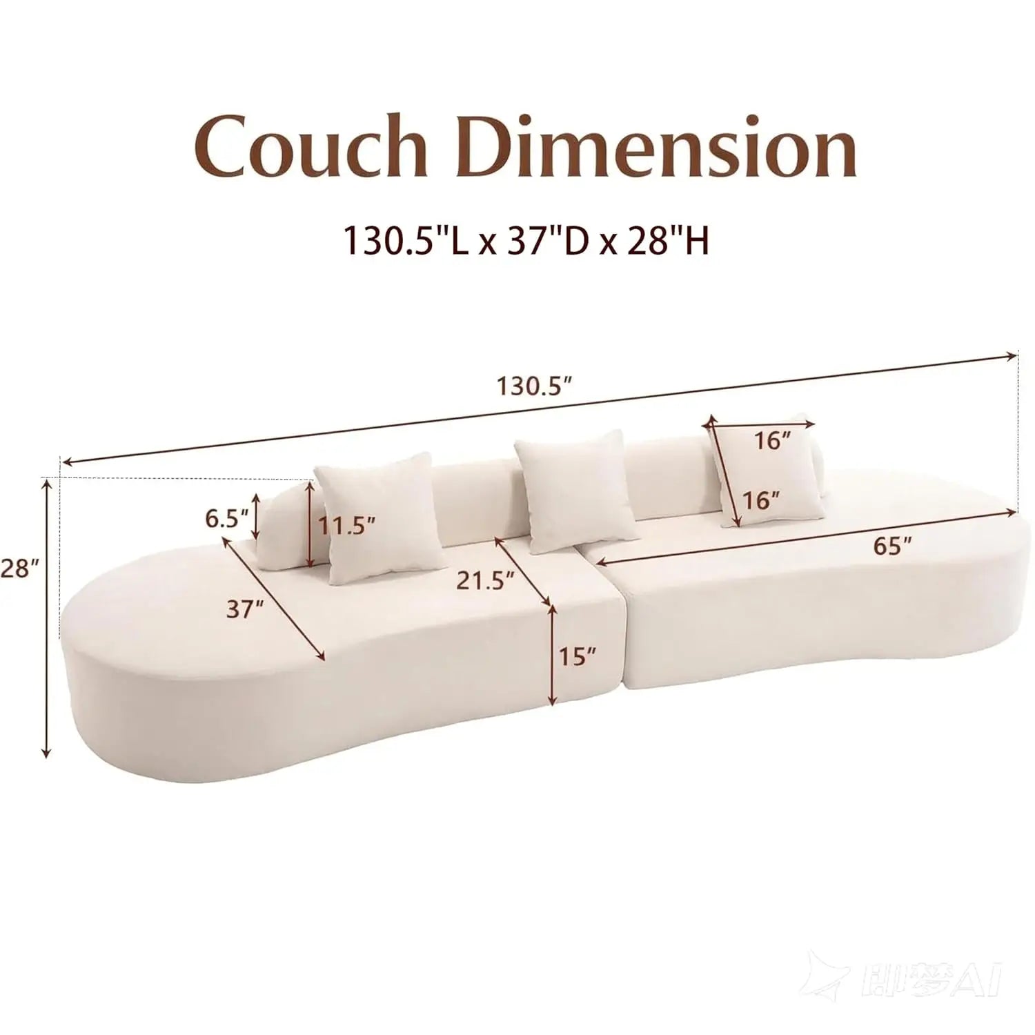 130” Boneless Sectional Couches for Living Room | Modern Curved Sofa Comfy Cloud Couch | Oversized Plush Modular, Customized
