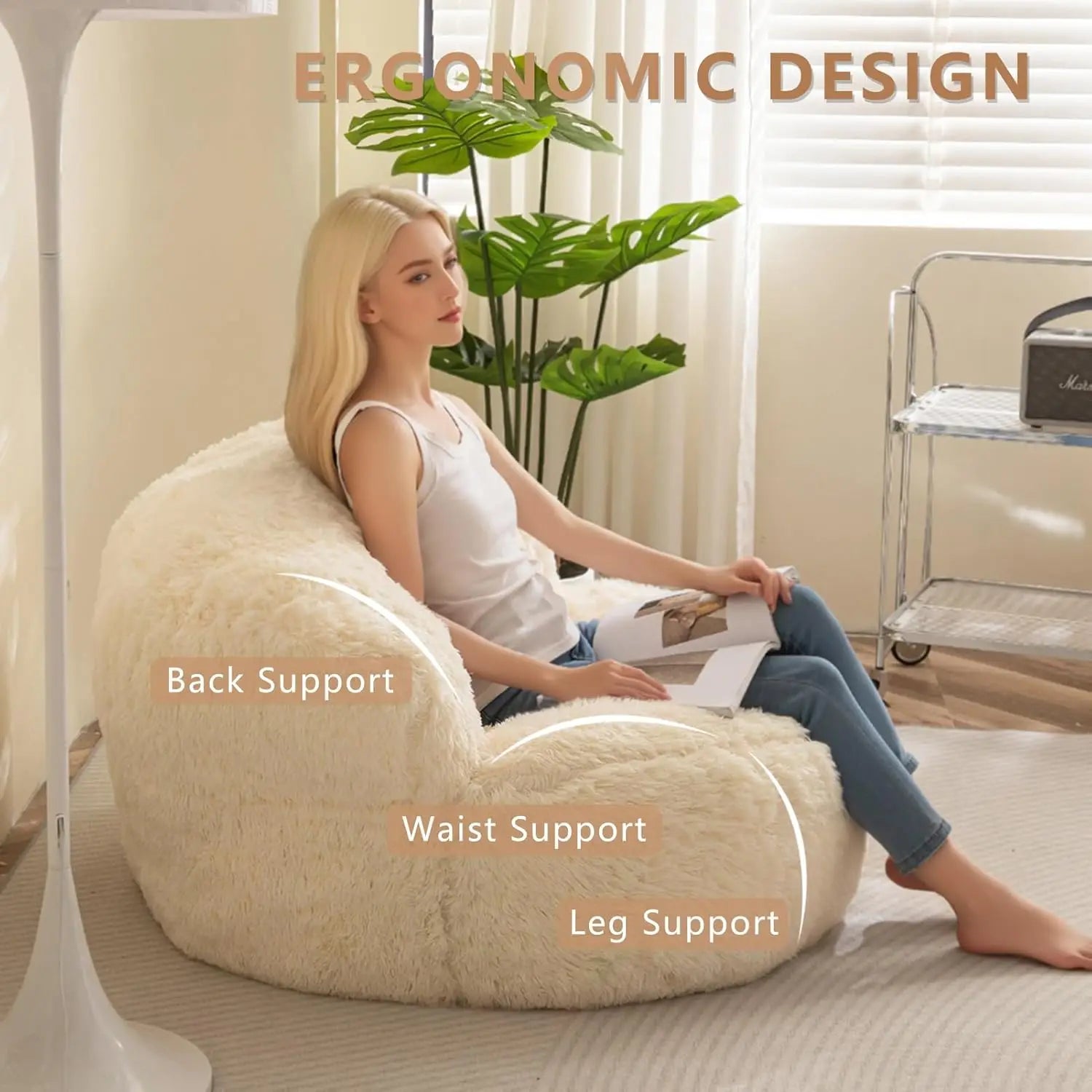 Giant Faux Fur Bean Bag Chair with Pocket, Large Lazy Sofa for Adults and Kids in Living Room