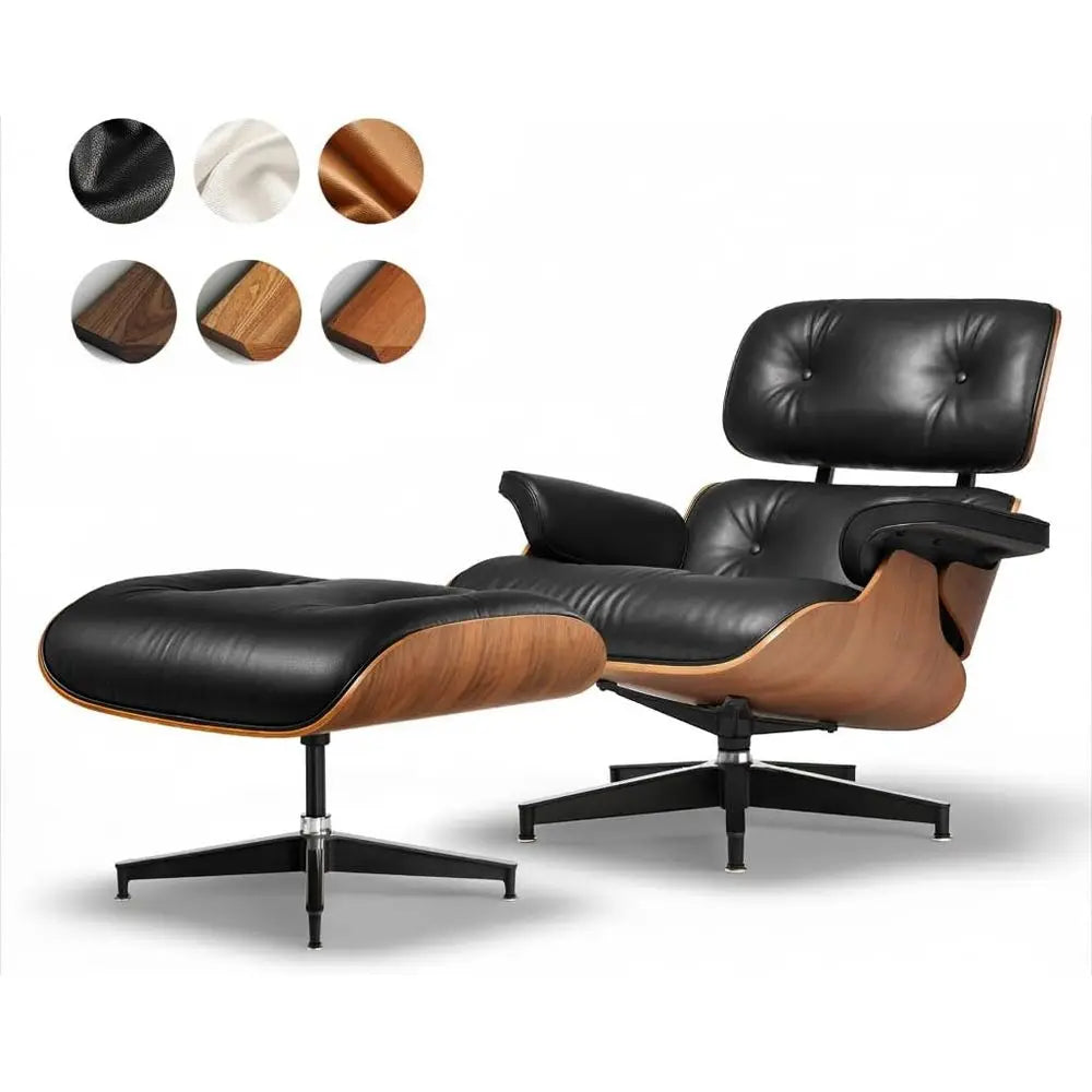 Elegant Black Leather Century Chaise with Ottoman, Accent Chair, Ergonomic Design, Sturdy Walnut Base for Living Room Lounge Off