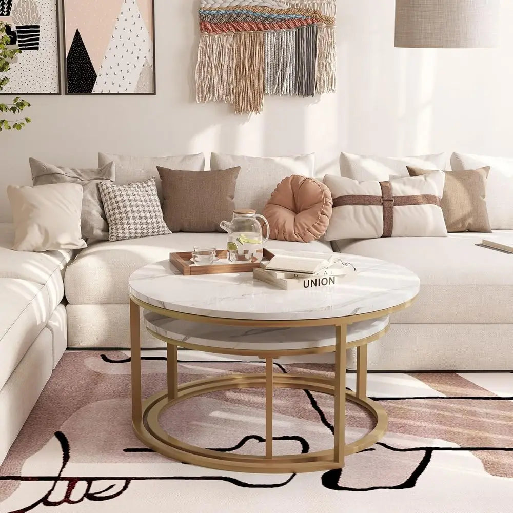 Modern Nesting Coffee Tables Set, Large 34 & Small 26, Gold Frame with Glossy White Marble Top for Living Room