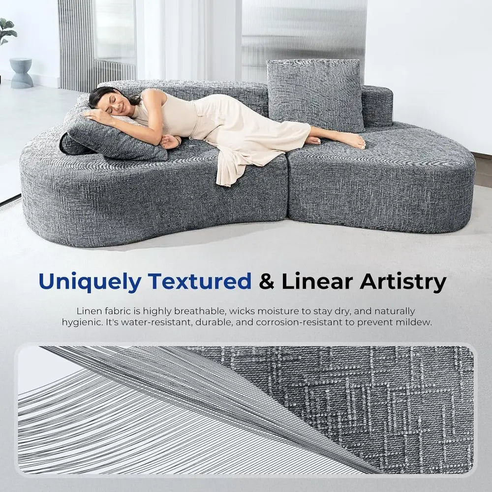 98 Curved Grey Couch with Halo Moon Pattern, Sofa Bed with 2 Pillows & 4 Seating Options for Living Rooms and Offices, Ready to