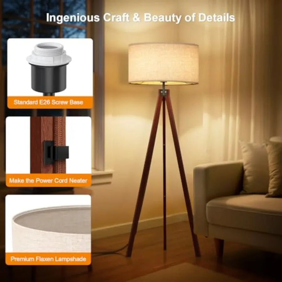 Wood Tripod Floor Lamp Mid Century Standing Lamp Modern Design Studying Light for Living Room Bedroom Study Room and Office Fla