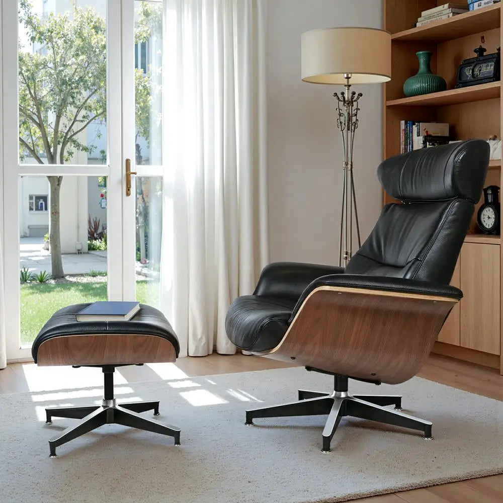 Modern Reclining Swivel Lounge Chair Walnut Black Genuine leather Ottoman include