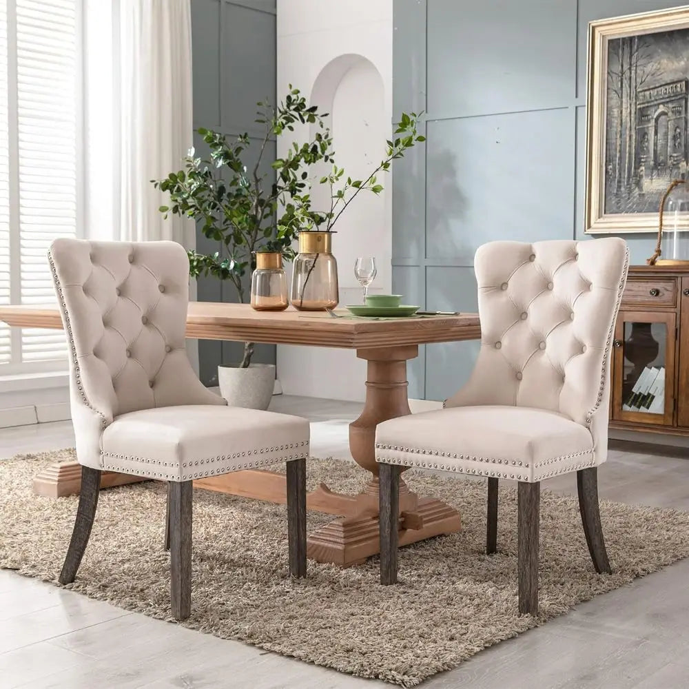 Velvet Dining Chairs Set of 4, Upholstered High-end Tufted Dining Room Chair with Nailhead Back Ring Pull Trim Solid Wood Legs,