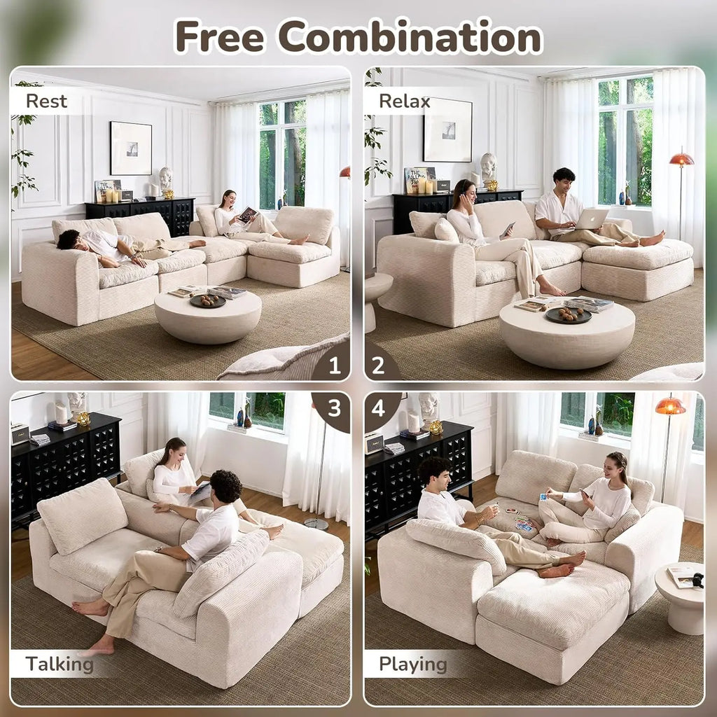108" Boneless Cloud Sectional Couch for Small Living Room – L-Shape Modular Sofa with Ottoman, Deep Seat, Corduroy,, Customized