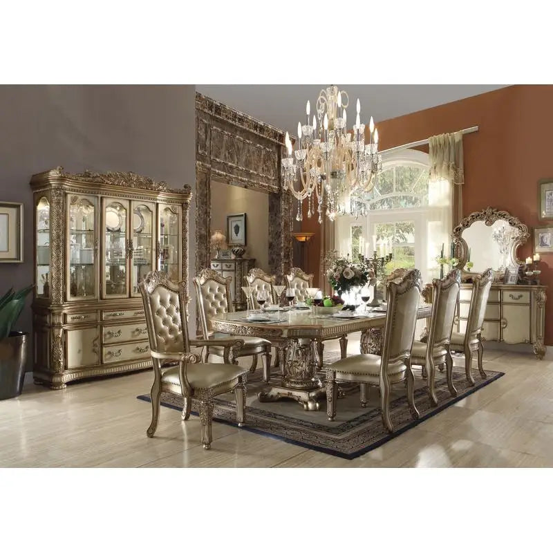 Set of 2 Bone and Gold Patina Tufted Back Arm Chairs