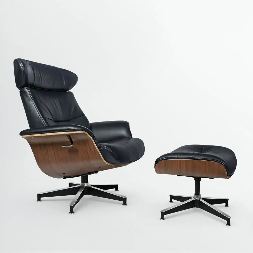 Modern Reclining Swivel Lounge Chair Walnut Black Genuine leather Ottoman include