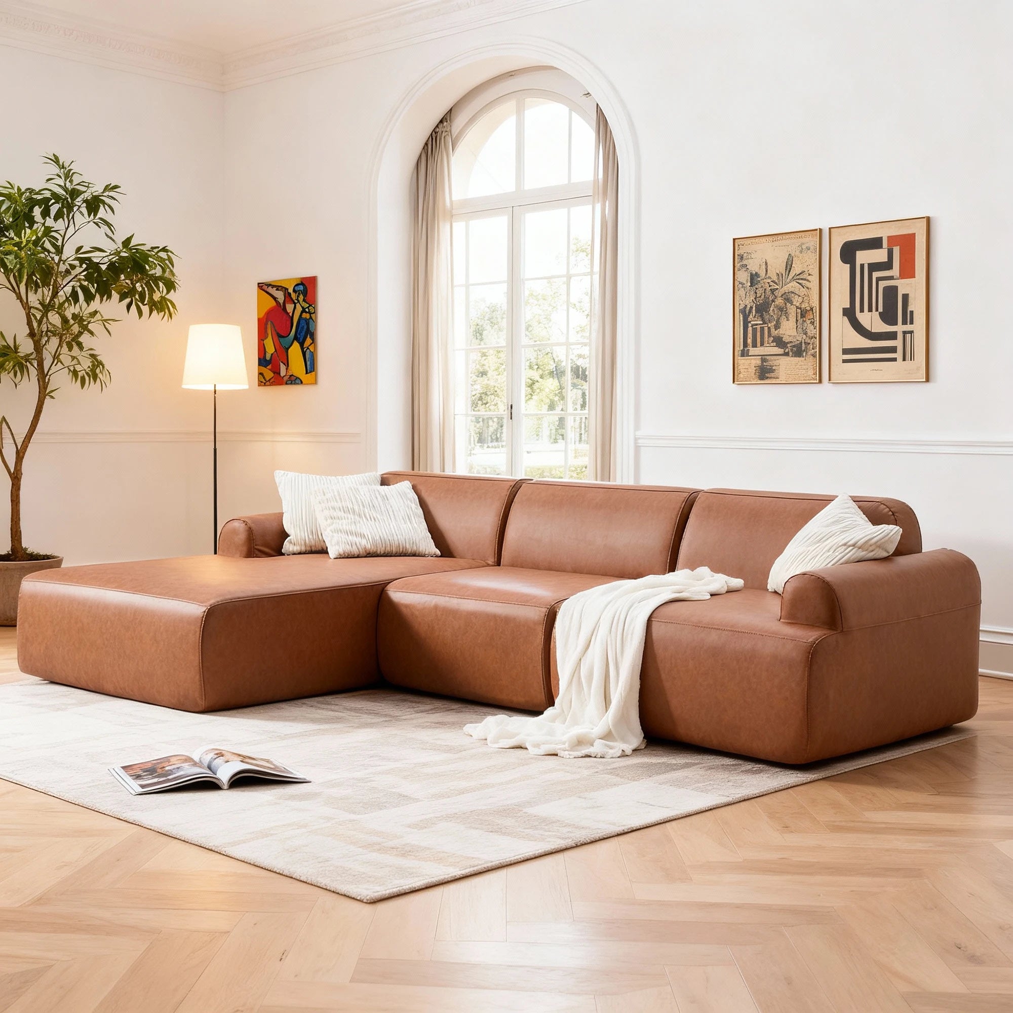 L-shaped oversized modular leather segmented sofa, leather deep seat modular corduroy sofa, suitable for families and big spaces