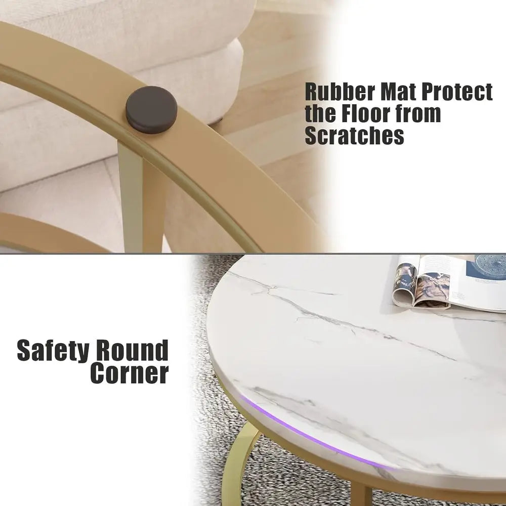 Modern Nesting Coffee Tables Set, Large 34 & Small 26, Gold Frame with Glossy White Marble Top for Living Room