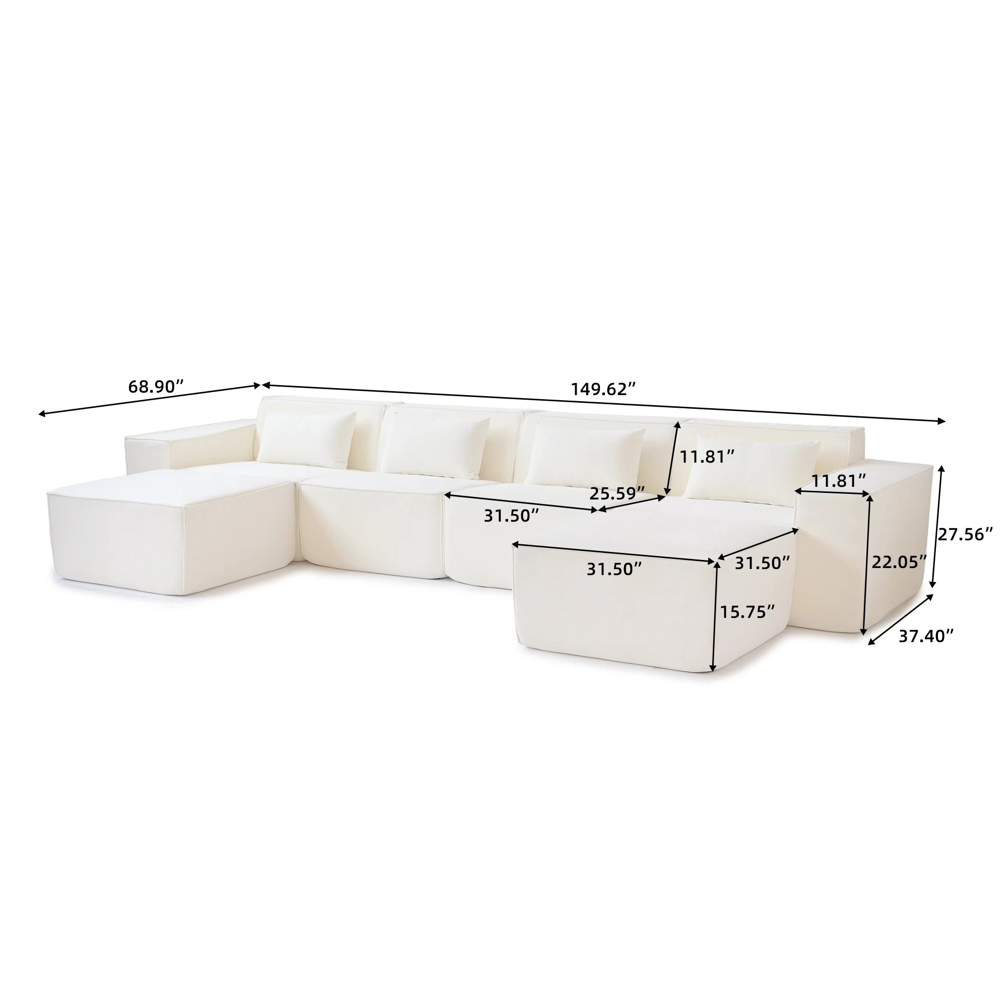 Sdorens Modular Sectional Sofa Couch for Living Room 149.62" Oversized U Shaped Cloud Couch with 2 Ottomans No Assembly Required