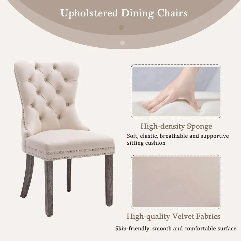 Velvet Dining Chairs Set of 4, Upholstered High-end Tufted Dining Room Chair with Nailhead Back Ring Pull Trim Solid Wood Legs,